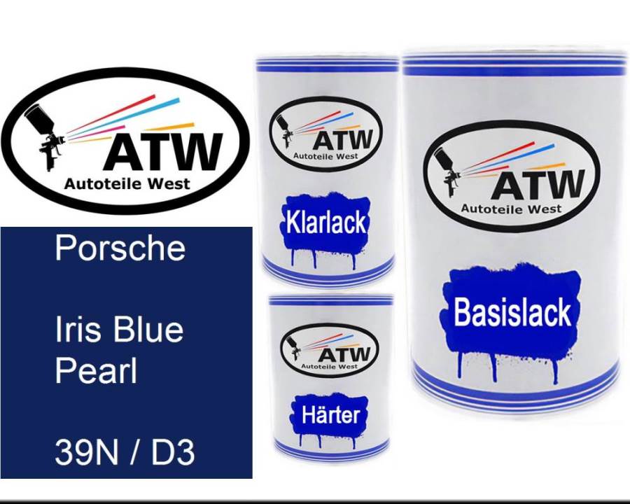 Porsche, Iris Blue Pearl, 39N / D3: 500ml Lackdose + 500ml Klarlack + 250ml Härter - Set, von ATW Autoteile West.